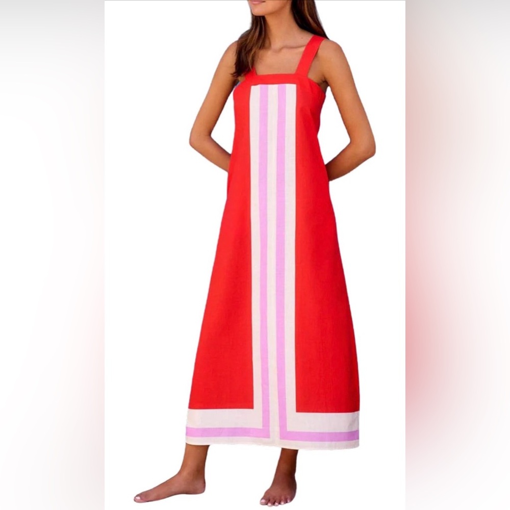NEW Beach Maxi Boho Sleeveless Color Block Lined Dress M